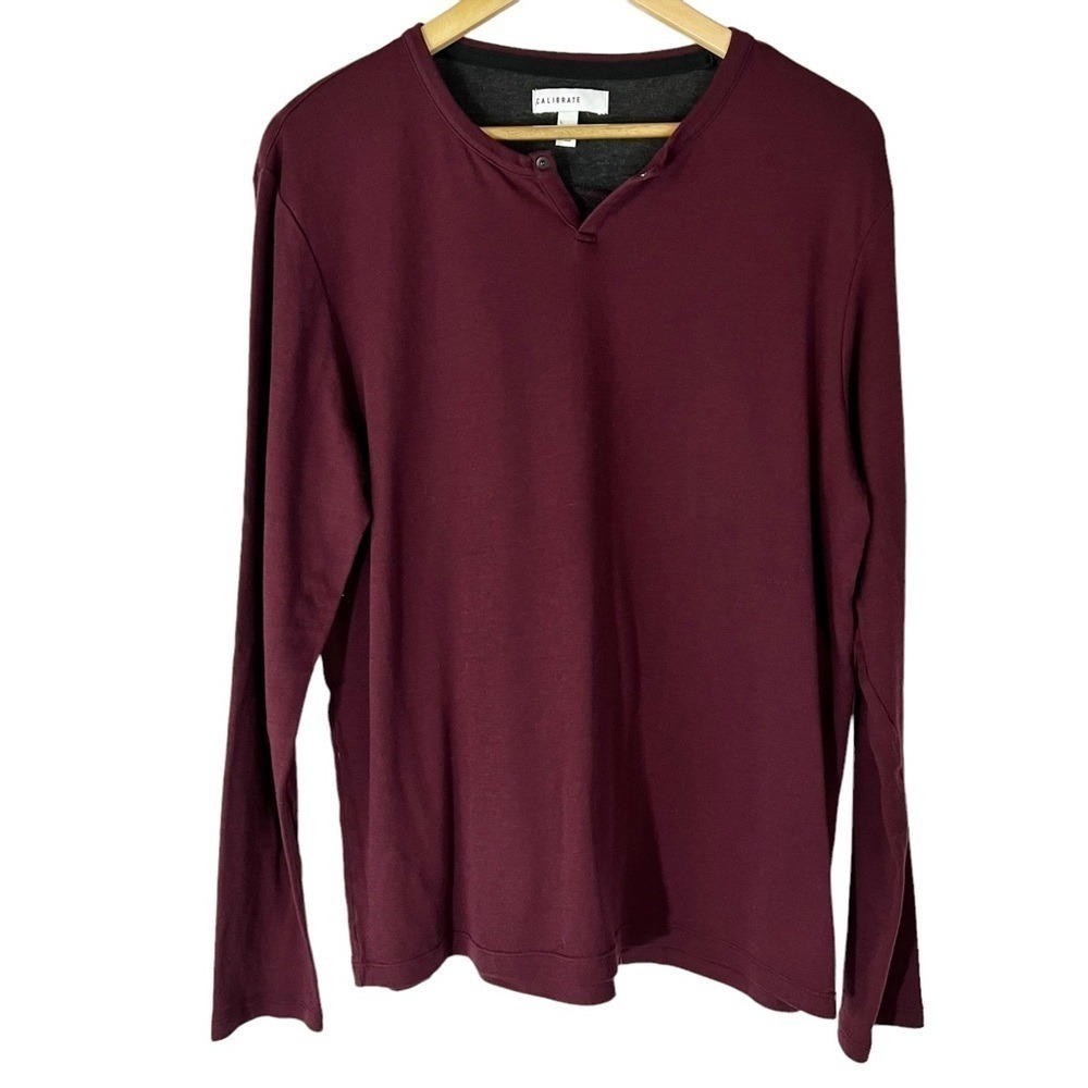 Calibrate Mens Burgundy Long Sleeve Henley Shirt L Casual Minimalist‎ Layer